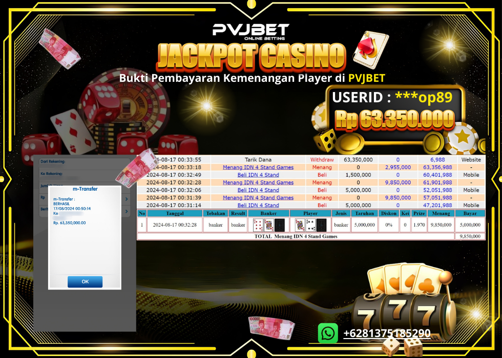 JACKPOT KEMENANGAN LIVE CASINO “IDN 4 STAND” 63 JTAN